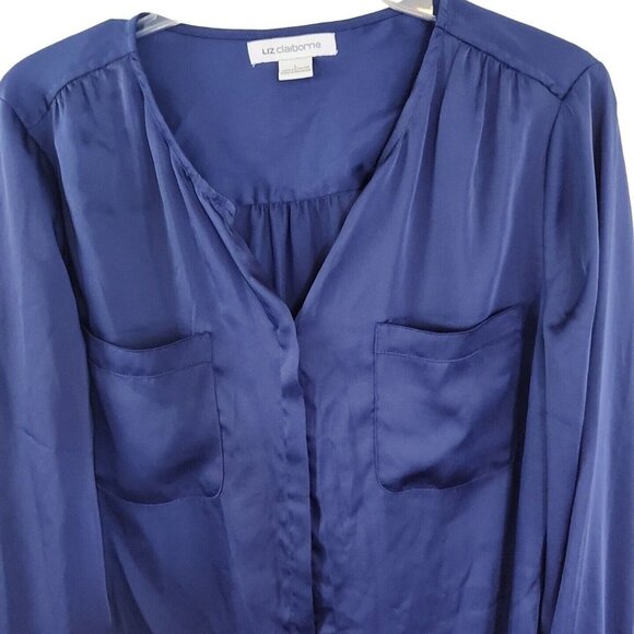Liz Claiborne Shirt Blouse Women Size L Blue Long Sleeve Pockets Hidden Buttons - Picture 2 of 9